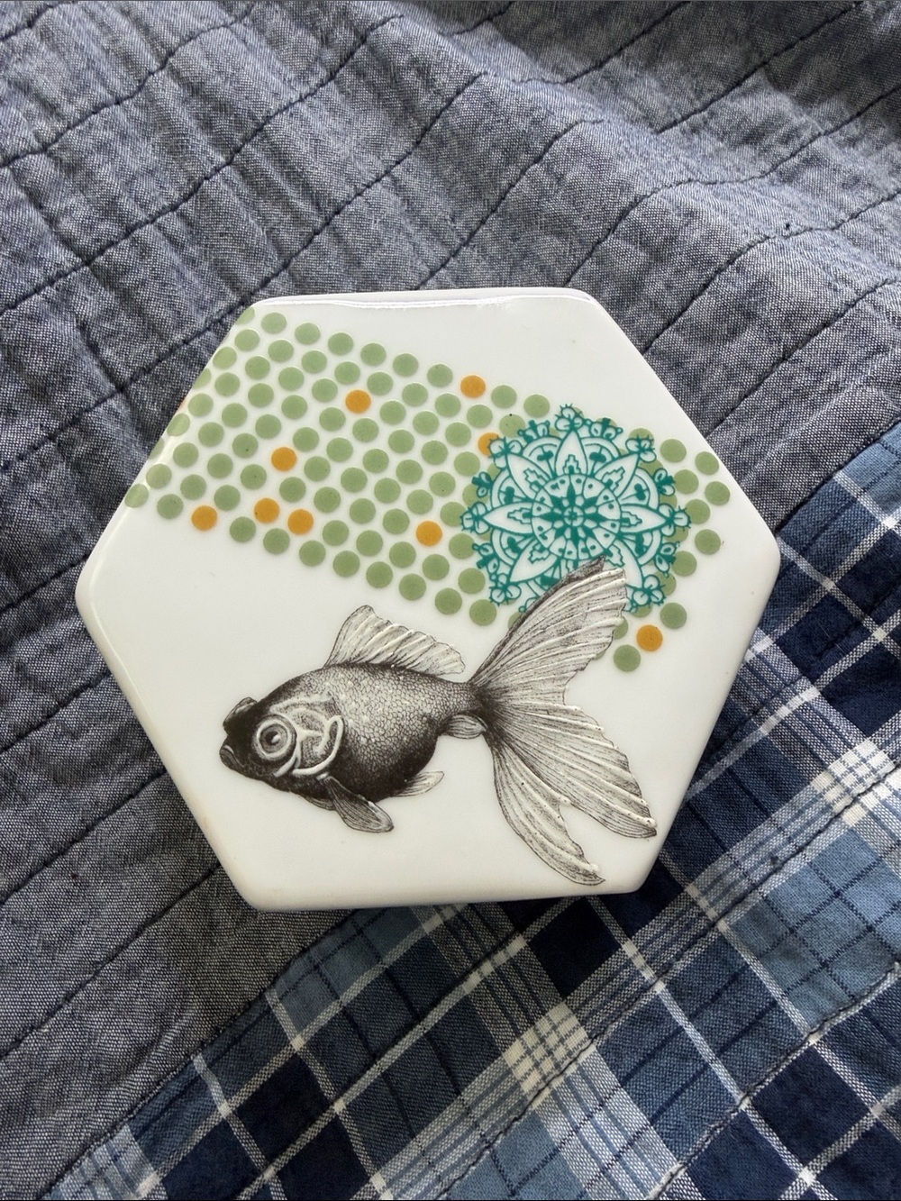Anthropologie Hexagonal Ceramic Fish Dish in White with Green and Orange Accents
